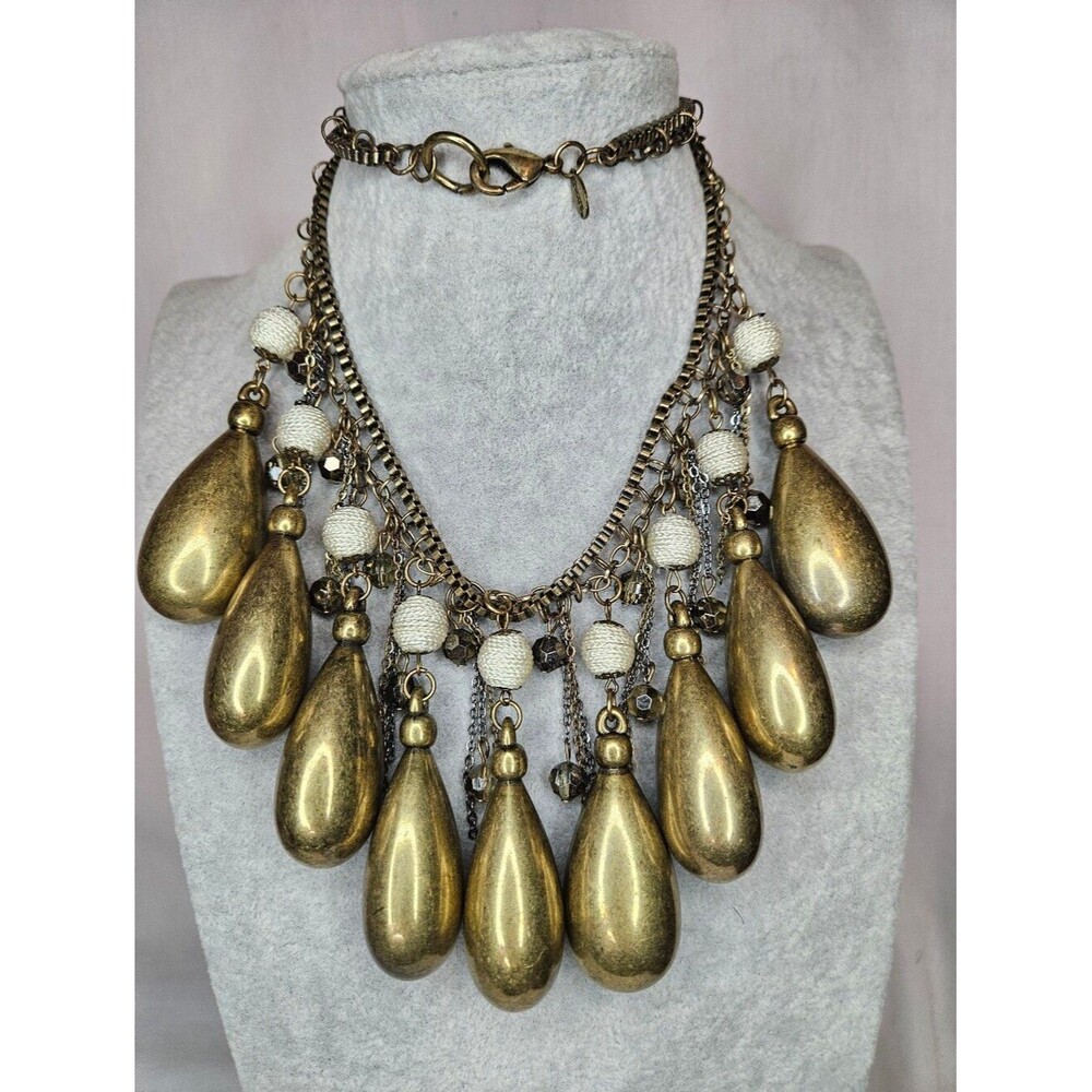 Chico’s Chunky Antique Brass Teardrop Dangle Statement Bib Necklace EUC